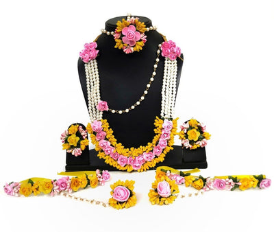 New Jaipur Handicraft Necklace ,Earring, Maangtika , Nosering & Bracelet Set Yellow-Pink / Free Size / Bridal Look Lamansh® 🌺🌻🌹🌷 Flower Jewellery Set