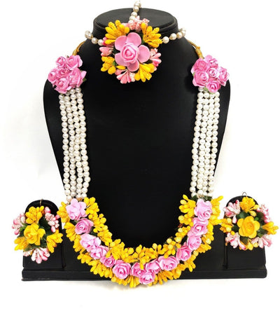 New Jaipur Handicraft Necklace ,Earring, Maangtika , Nosering & Bracelet Set Yellow-Pink / Free Size / Bridal Look Lamansh® 🌺🌻🌹🌷 Flower Jewellery Set
