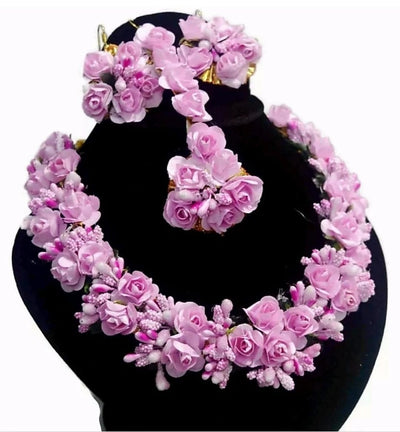 New Jaipur Handicraft Necklace , Earring & Maangtika Pink / Free Size / Bridal Style LAMANSH® Floral Jewellery Set 🌺🌻🌹🌷 / Haldi Set
